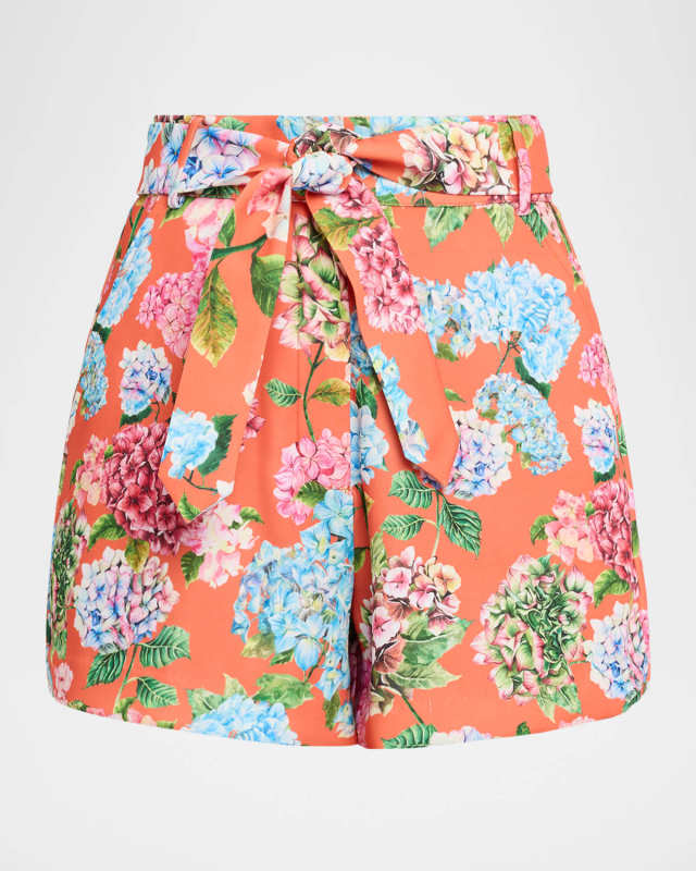Hand-Painted Hydrangea Print Belted Shorts